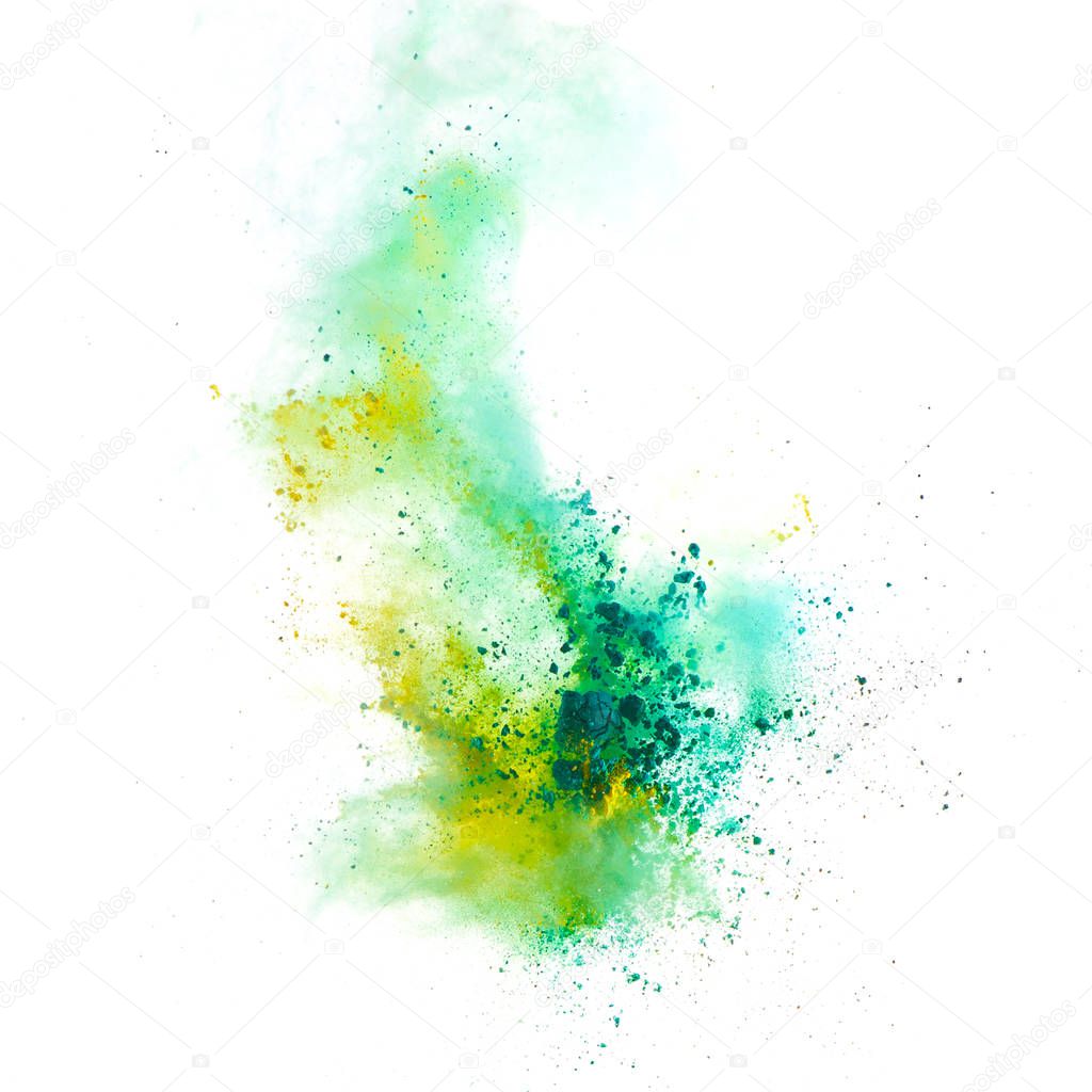 Freeze motion of colored dust explosion isolated on white background