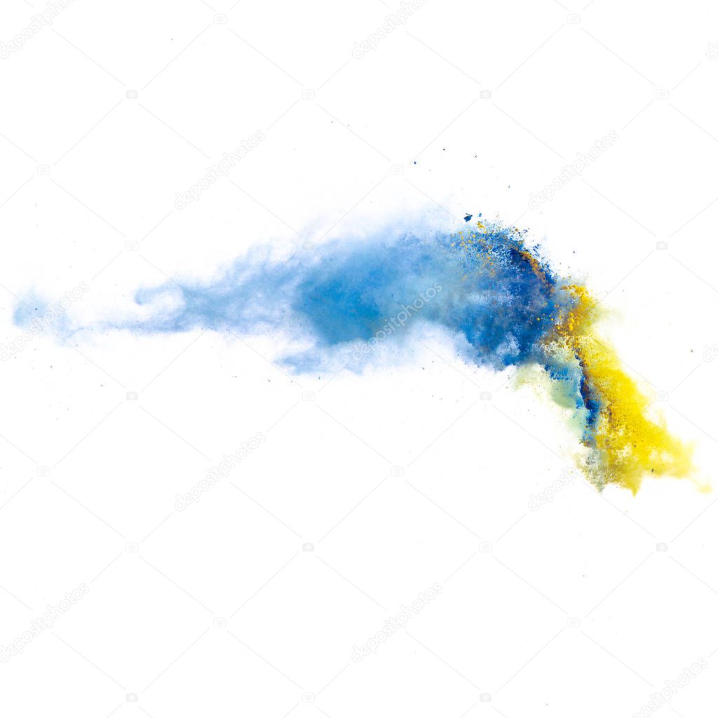 Freeze motion of colored dust explosion isolated on white background