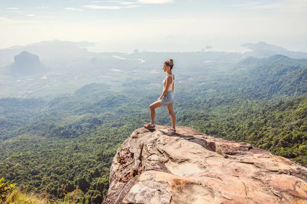 Young Lady Hiker Standing Top Mountain — Stock Photo, Image