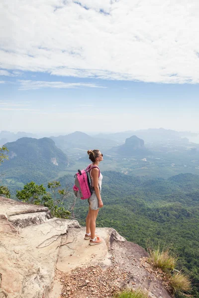 Young Woman Hiker Backpack Standing Top Mountain Enjoying View — Stock Photo, Image