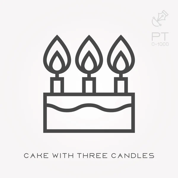 Line icon cake with three candles — Stock Vector