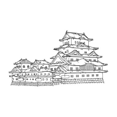 Himeji Castle Japonya illüstrasyon. Himeji Kalesi çizgi çizimi