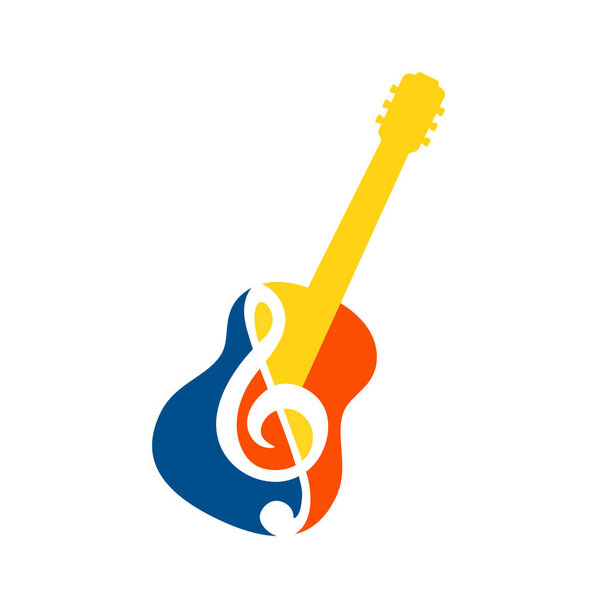 Guitar logo with Treble Clef. Colorful design. Vector illustration