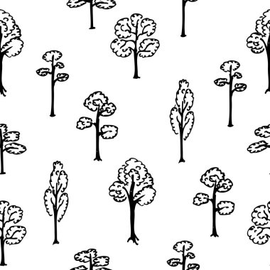 Dikişsiz orman ağaçları deseni. Orman ağacı, açık park bitkileri ve minimalist çiçek. Yaprak sarma veya duvar kağıdı vektör arka plan illüstrasyon