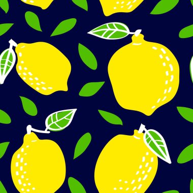 Taze limonlu, dikişsiz desen, soyut tekrarlanan arka plan. Kağıt, kapak, kumaş, hediye paketi, duvar sanatı, iç dekorasyon için citrus tasarımı. Basit sanatsal çizim - Vektör