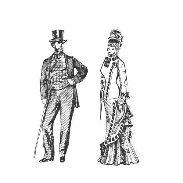 Homme et femme en costumes historiques, steampunk design pour carte. Dessin à la main - vecteur — Image vectorielle