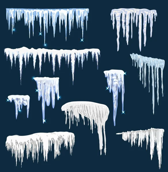 Gerçekçi kar sarkıtları. Üstünde kar maskesi olan buz saçağı. Kış karları yılbaşı kartları tasarımının sınırlarını belirler. Buz gibi karlı hava çerçeveleri, buzlu donmuş işaret vektörü izole edilmiş simgeler - vektör — Stok Vektör