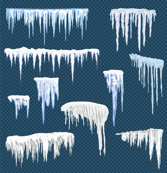 Carámbanos de nieve realistas. Hielo de hielo con gorra de nieve en la parte superior. Fronteras de nieve de invierno para el diseño de tarjetas de Navidad. Conjunto de iconos aislados de vectores de signos congelados helados congelados - Vector — Vector de stock
