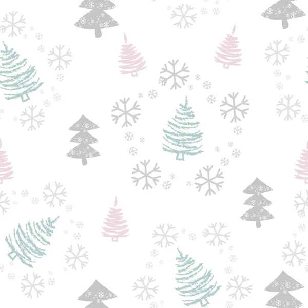 Nahtloses Muster mit Weihnachtsbäumen und Schnee. Weihnachtsbaum von Hand gezeichnet, Vorlage für Neujahrsgrußkarte oder Verpackungsdekoration Urlaub - Vector — Stockvektor