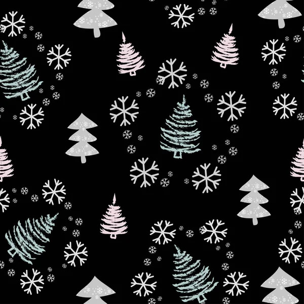 Nahtloses Muster mit Weihnachtsbäumen und Schnee. Weihnachtsbaum von Hand gezeichnet, Vorlage für Neujahrsgrußkarte oder Verpackungsdekoration Urlaub - Vector — Stockvektor