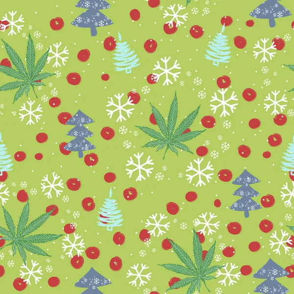 Patrón sin costuras con árboles de Navidad, copos de nieve y hojas de cannabis - Vector — Vector de stock