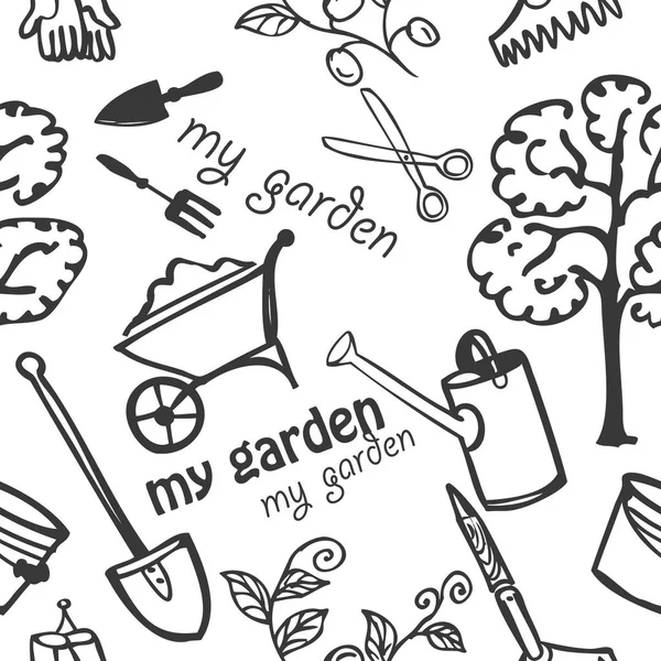 Modèle sans couture - mon jardin. Motif vectoriel sans couture sur fond blanc d'outils de jardin — Image vectorielle