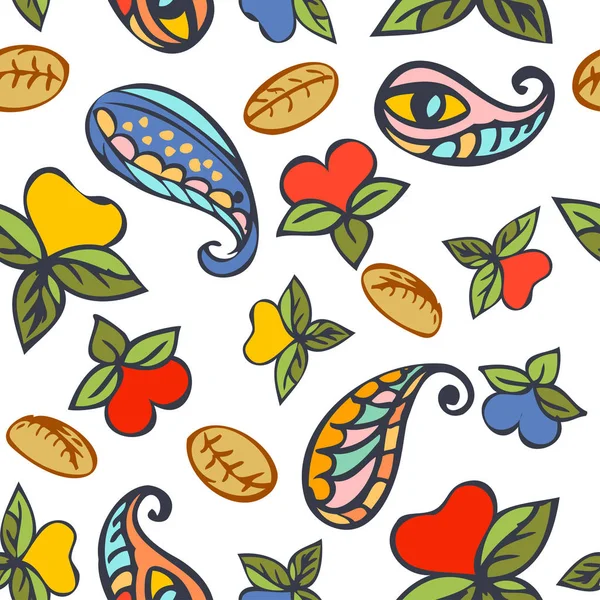 Χειροποίητο επαναλαμβανόμενο μοτίβο χωρίς ραφή με αφηρημένα ανθικά και τούρκικα αγγούρια. Μοντέρνο και κομψό floral υφή, ταπετσαρία, web background, ύφασμα σχεδιασμό. — Διανυσματικό Αρχείο