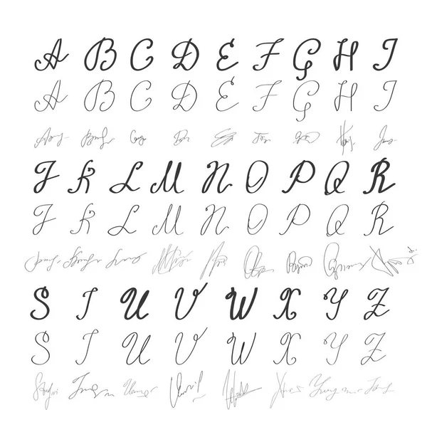 Alphabet auf Englisch. handgezeichnete Schrift. Buchstaben handgeschrieben in modernem Kalligrafie-Stil für Logodesign, Poster, Druck. Alphabetische Signatur für jeden Buchstaben des Alphabets - Vektor — Stockvektor