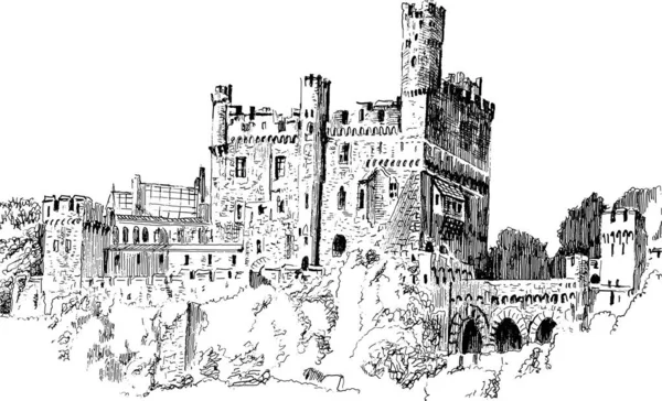 Beyaz arka planda izole edilmiş bir ortaçağ kalesi. Grafik çizimi. Vektör