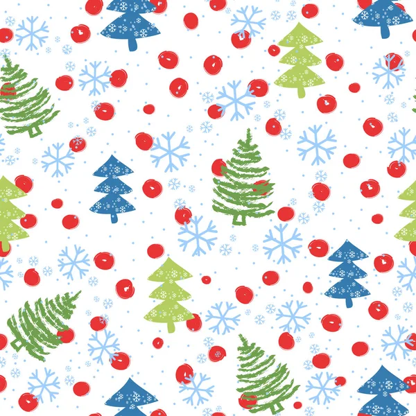 クリスマスツリーと雪のシームレスなパターン-ベクトル — ストックベクタ