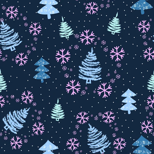 Nahtloses Muster mit Weihnachtsbäumen und Schnee - Vektor — Stockvektor