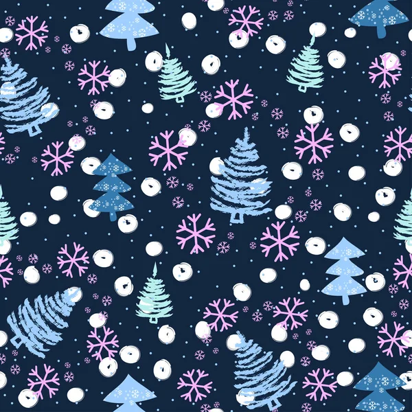 Nahtloses Muster mit Weihnachtsbäumen und Schnee - Vektor — Stockvektor