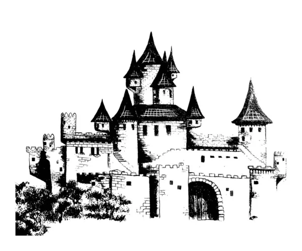 おとぎ話の城 中世の城の白い背景に孤立した グラフィックハンドドローイング ベクターイラスト — ストックベクタ