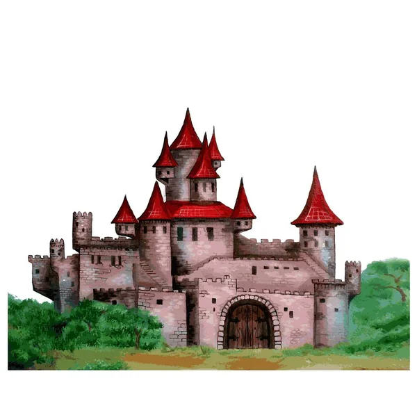 Castillo Cuento Hadas Castillo Medieval Aislado Sobre Fondo Blanco Dibujo — Archivo Imágenes Vectoriales