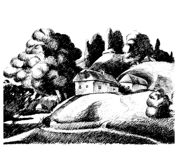 Croquis à l'encre graphique. Paysage rural. Dessin graphique à la main. Vecteur — Image vectorielle