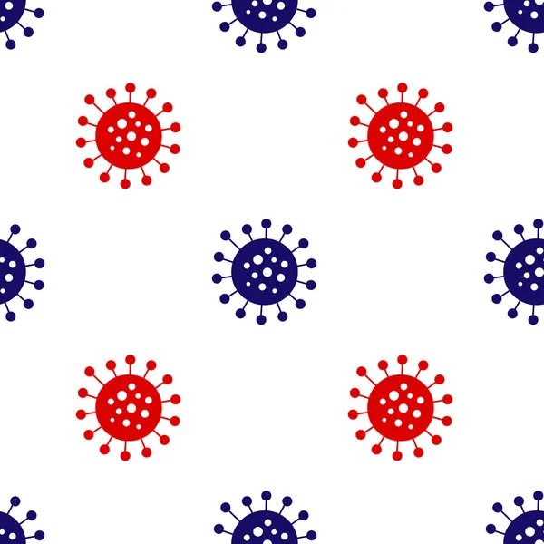 Blå och röda bakterier coronavirus ikon isolerade sömlösa mönster på vit bakgrund. Bakterier och bakterier, mikroorganismsjukdomar som orsakar cellcancer, mikrob, virus, svampar. Vektor — Stock vektor