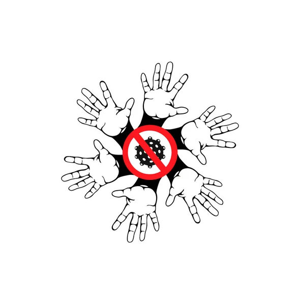 Ilustração vetorial do conceito de vírus stop. Palmas de pessoas em um círculo com um vírus sinal de parada. Conceito da luta global contra o vírus. Vetor — Vetor de Stock