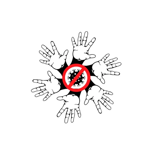 Ilustración vectorial del concepto de virus stop. Palmeras de personas en un círculo con un virus de señal de stop. Concepto de la lucha global contra el virus. Vector — Vector de stock