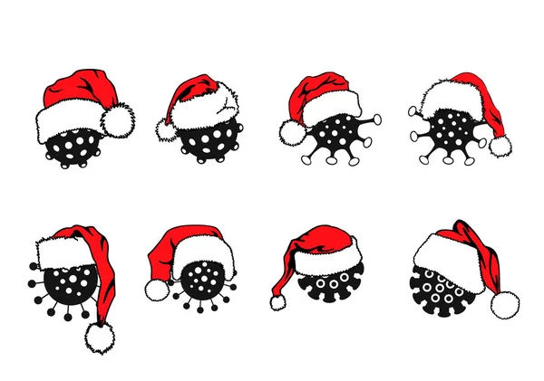 Beyaz arka planda izole edilmiş bir takım Noel Baba şapkasındaki koronavirüs silueti. Vektör