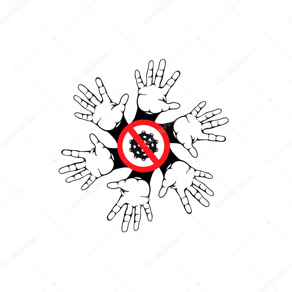 Vector illustration of the stop virus concept. Palms of people in a circle with a stop sign virus. Concept of the global fight against the virus. Vector