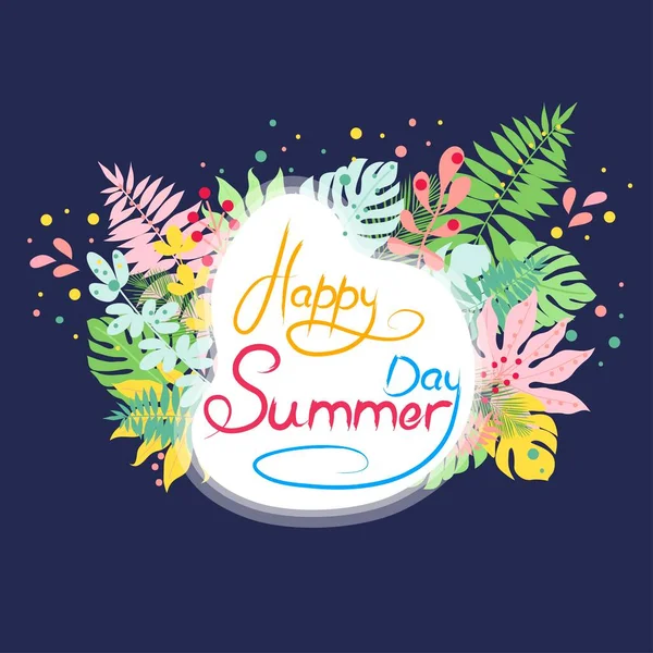 Happy Summer Day Satz mit stilvoller Schrift geschrieben und mit Wiesenpflanzen und Kräutern dekoriert. Festliche Illustration für Grußkarte. — Stockvektor