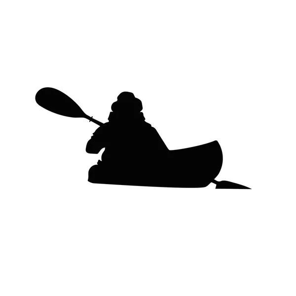 Η σιλουέτα ενός ανθρώπου που κολυμπάει σε ένα κανό. Μαύρη λευκή απεικόνιση ενός καγιάκ με τον άνθρωπο. Διάνυσμα σχεδίασης κωπηλατικού σκάφους για λογότυπο. Διάνυσμα — Διανυσματικό Αρχείο