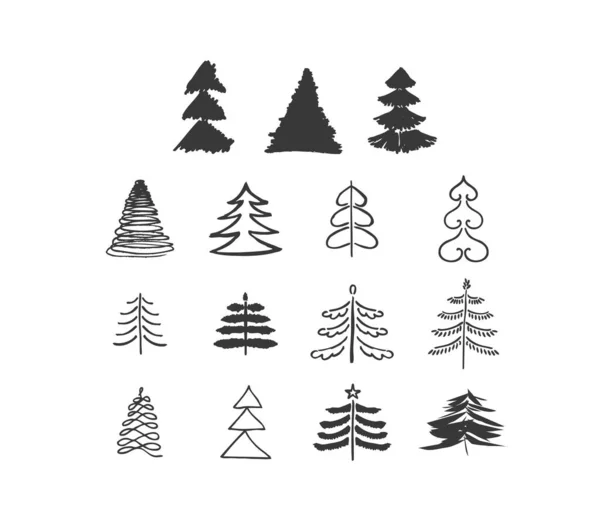El çizimi karalama vektörü Noel ağacı. Noel ağaçlarının farklı şekilleri. Sanat fırçası - Vektör