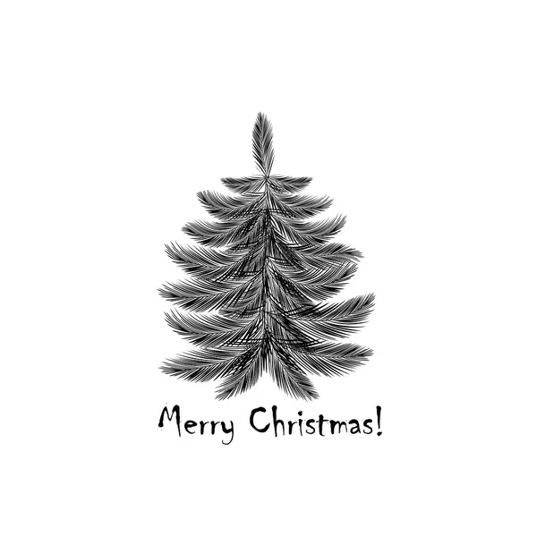Árbol de Navidad. Diseño de tarjeta con un árbol de Navidad negro dibujado a mano con texto de Feliz Navidad. Minimalismo diseño Feliz Navidad postal -Vector — Vector de stock