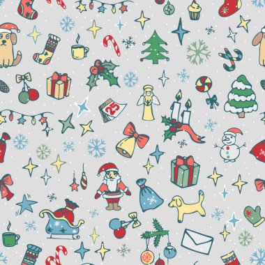 Noel ağacı süslemeleriyle kusursuz desen. Klasik Noel oyuncakları, kar taneleri ve yıldızlar. Noel ve Yeni Yıl için hediye paketi.