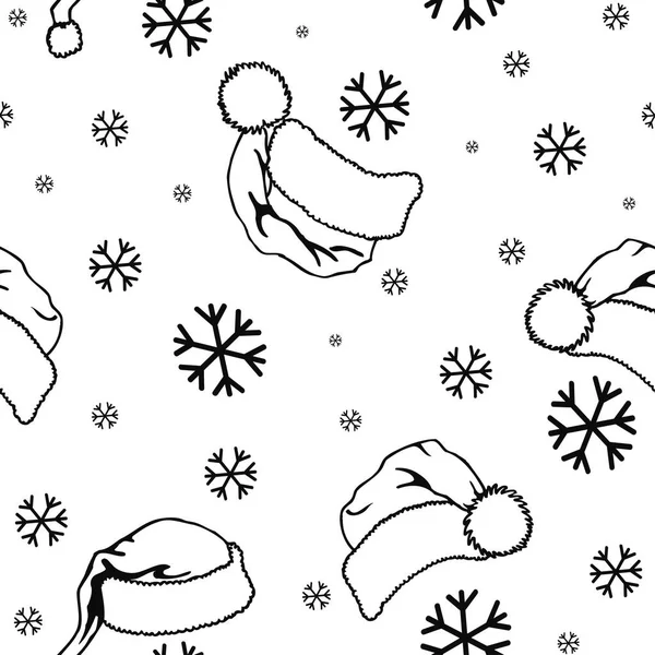 サンタクロースの帽子と雪片シームレスパターン レトロなスタイルでベクトルデザイン 手描きのドアパターンシームレス お祭りクリスマスパッケージ — ストックベクタ