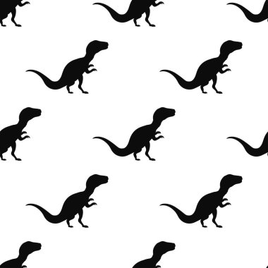 Siyah Tyrannosaurus, grafiksel dinozor ikonu beyaz arka planda izole edilmiş kusursuz desen. Vektör illüstrasyonu