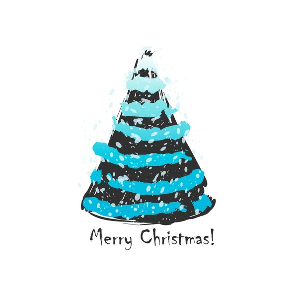 Різдвяне Дерево Дизайн Карти Ручним Чорно Синім Різдвяним Деревом Снігом — стоковий вектор
