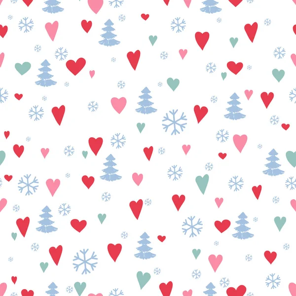 Patrón Sin Costuras Con Bosque Lindo Pinos Corazones Árboles Navidad — Vector de stock