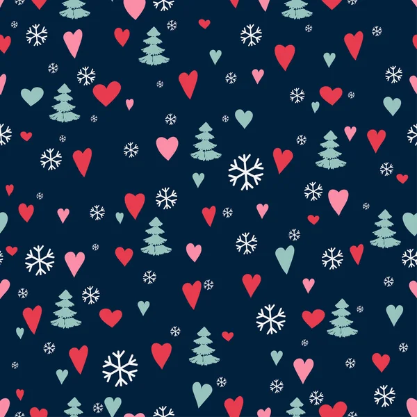 Patrón Sin Costuras Con Bosque Lindo Pinos Corazones Árboles Navidad — Vector de stock