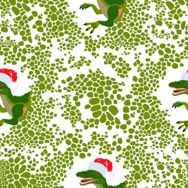 Noel Baba şapkalı, başı oval deri çerçeveli spinosaurus 'lu kusursuz çizgi film çizimi. Vektör yeni yıl illüstrasyonu