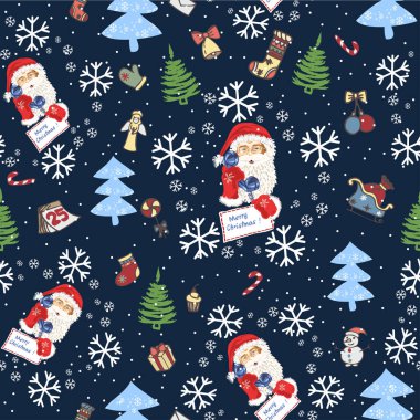 Noel Baba 'nın yüzü, Noel ağaçları, kar ve klasik Noel ağacı oyuncaklarıyla kusursuz bir desen.