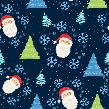 Noel Baba 'nın yüzü, Noel ağaçları ve karla kusursuz bir desen.