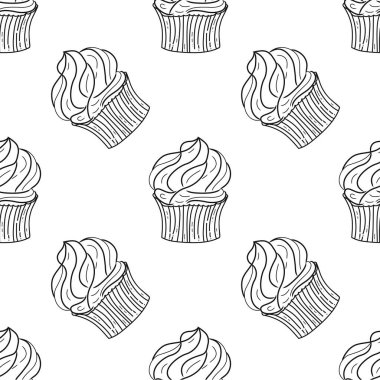 Çöreğim. Kusursuz renksiz vektör kek deseni. Çizim, resim çizimi