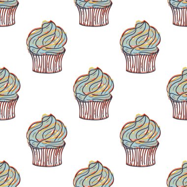 Çöreğim. Kusursuz renksiz vektör kek deseni. Çizim, resim çizimi