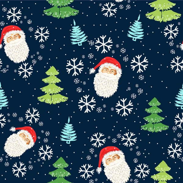 Patrón Sin Costuras Con Cara Santa Claus Árboles Navidad Nieve — Vector de stock