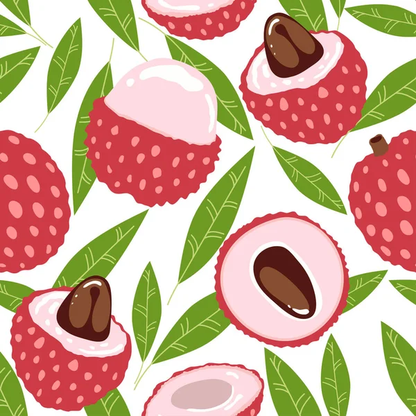 Seamless Pattern Lychee Tropical Fruit Leaves White Background Tropical Fruit — Stock Vector