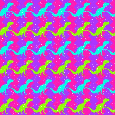 Pop ve Renkli Şirin Dinozorlar Vektör Kusursuz Desen. Tipografi için arka plan. Vektör