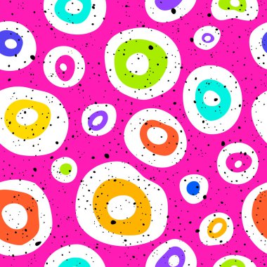 Pop Art kusursuz şekilli geometrik modern renkli asit vektörsüz dairesel lekeli tasarımı. Renkli soyut çemberlerin olduğu bir resim. Vektör İllüstrasyonu
