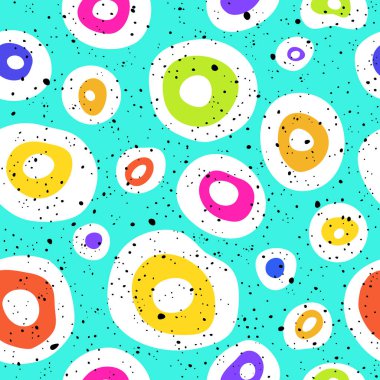 Pop Art kusursuz şekilli geometrik modern renkli asit vektörsüz dairesel lekeli tasarımı. Renkli soyut çemberlerin olduğu bir resim. Vektör İllüstrasyonu